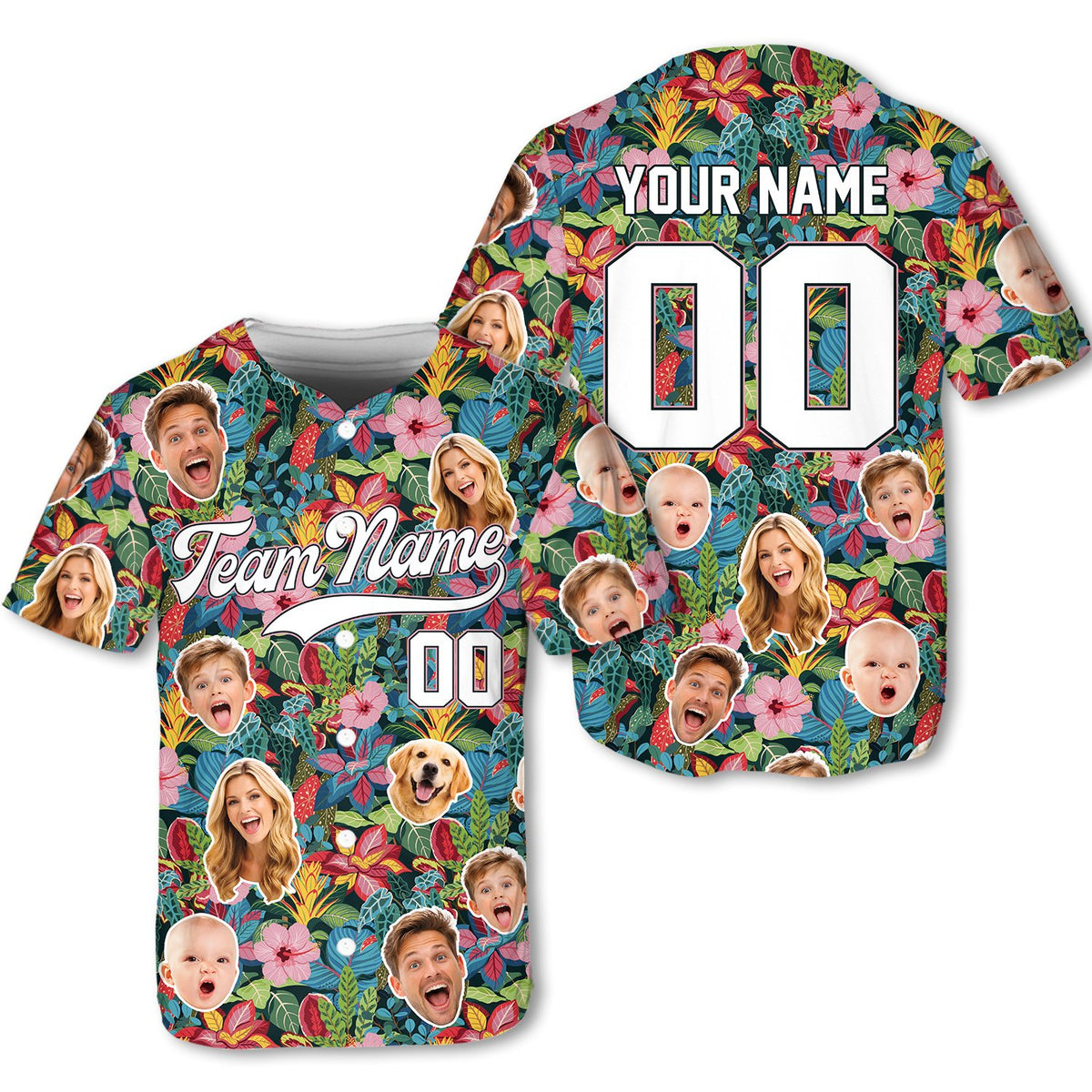 Vibrant tropical floral baseball jersey with custom face cutouts