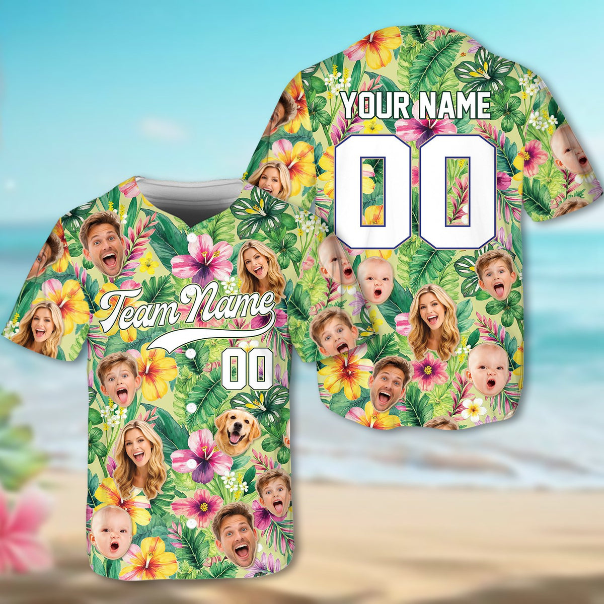 Custom photo name and number tropical floral baseball jersey, full front view