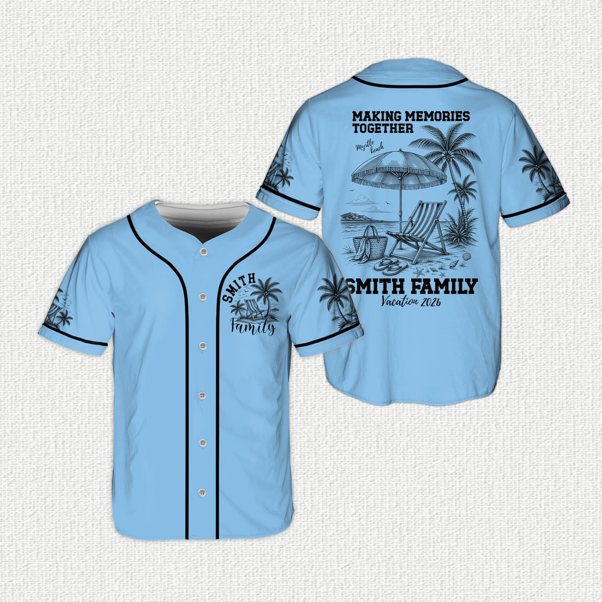 Personalized tropical vacation baseball jersey, blue front view