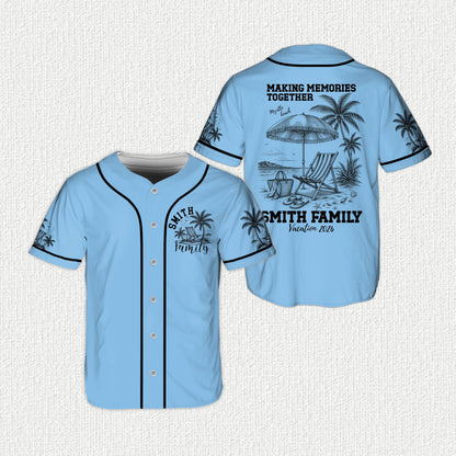 Personalized tropical vacation baseball jersey, blue front view