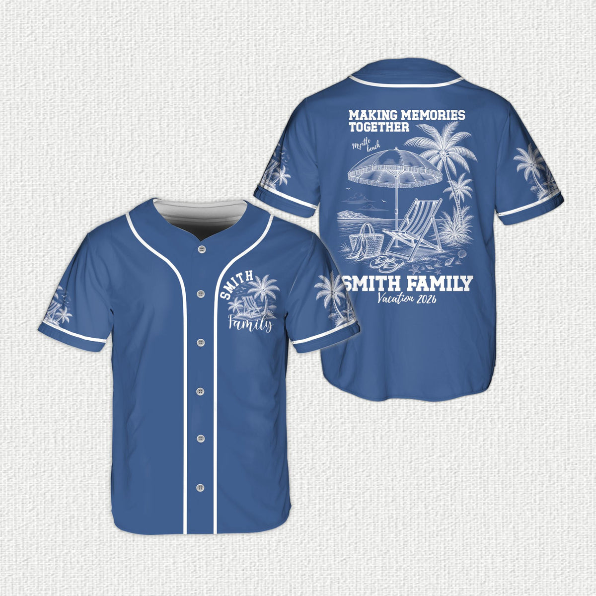 Personalized tropical vacation baseball jersey, alternate blue front view