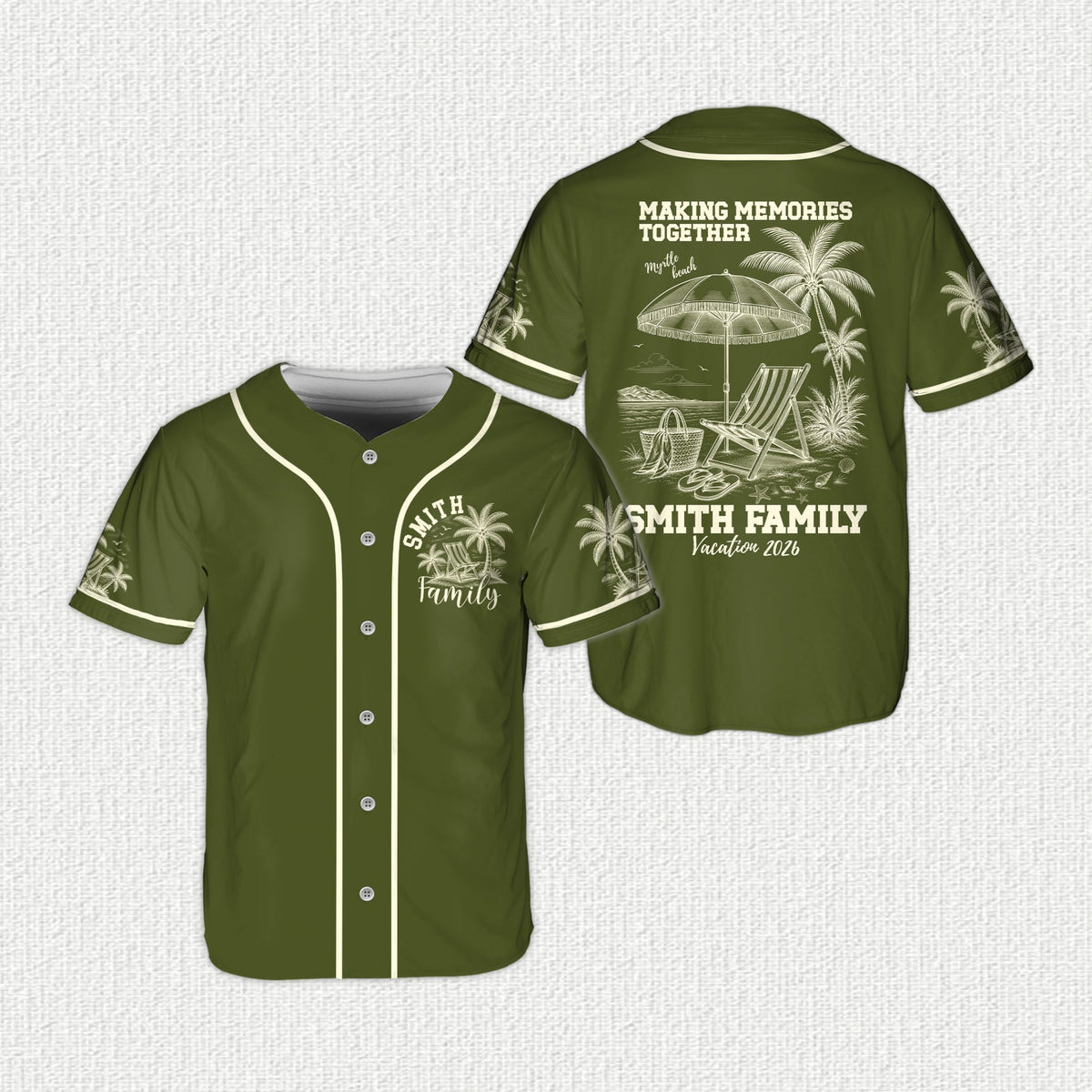 Personalized tropical vacation baseball jersey, green front view