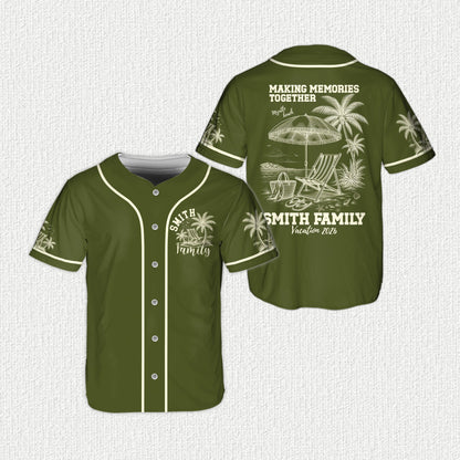 Personalized tropical vacation baseball jersey, green front view