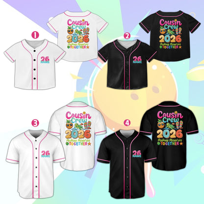 Pink and multicolor version of the vacation baseball jersey, front view