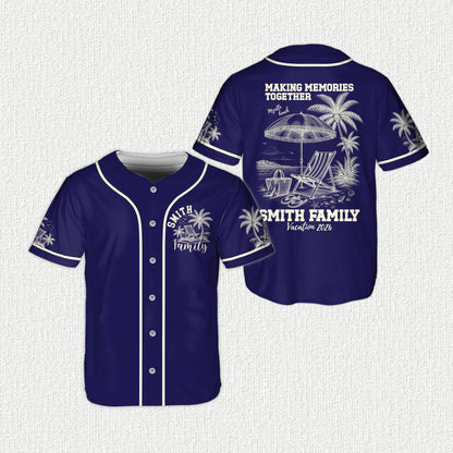Personalized tropical vacation baseball jersey, navy front view