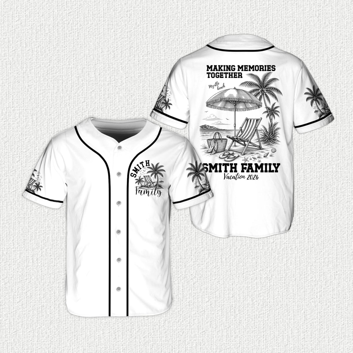 Personalized tropical vacation baseball jersey with beach scene, white front view