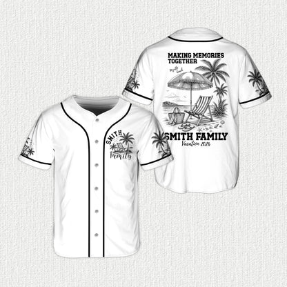 Personalized tropical vacation baseball jersey with beach scene, white front view
