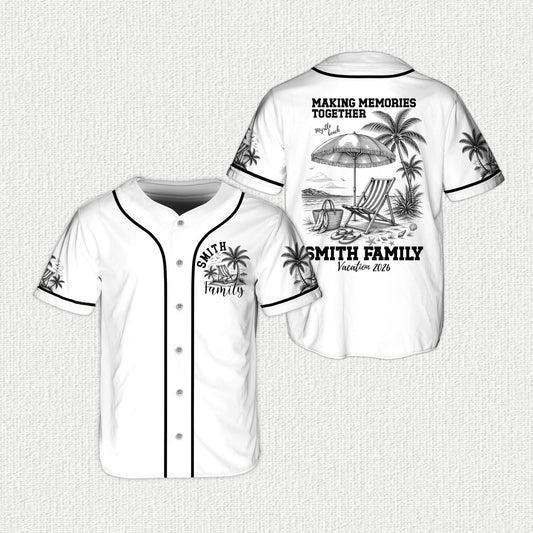 Personalized tropical vacation baseball jersey with beach scene, white front view