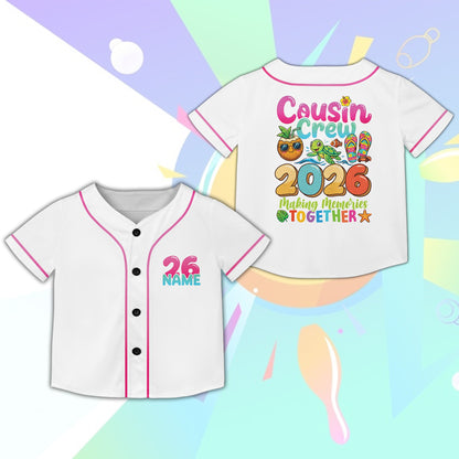 White tropical baseball jersey with Cousin Crew 2026 design, personalized with name and number, front view