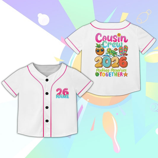 White tropical baseball jersey with Cousin Crew 2026 design, personalized with name and number, front view