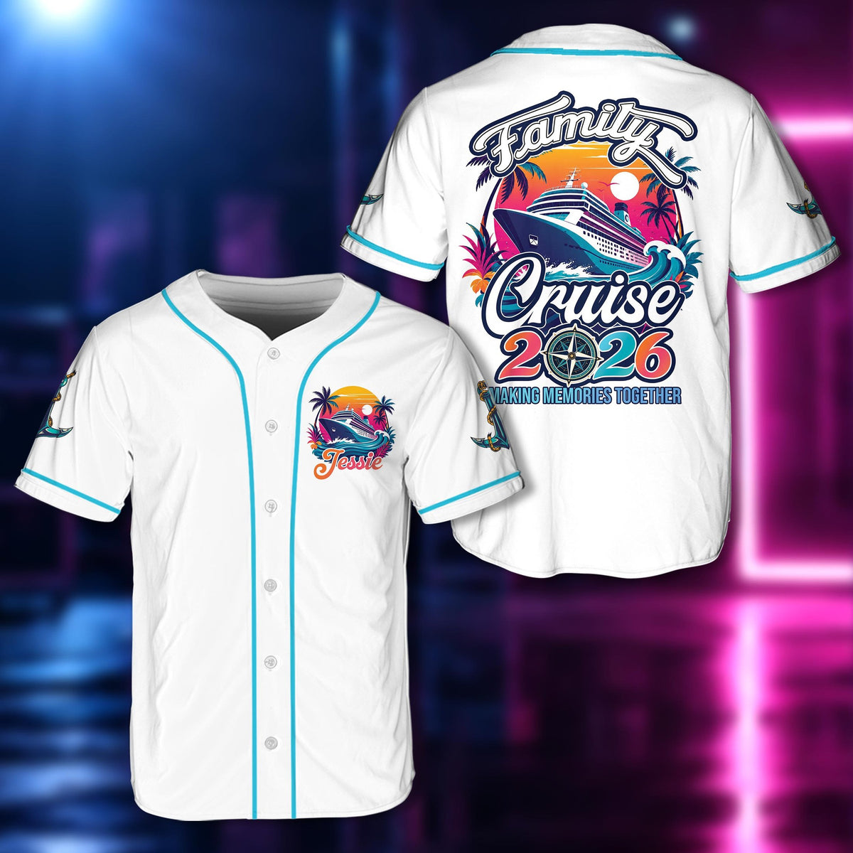 Front view of the white tropical baseball jersey featuring sunset graphic on the chest