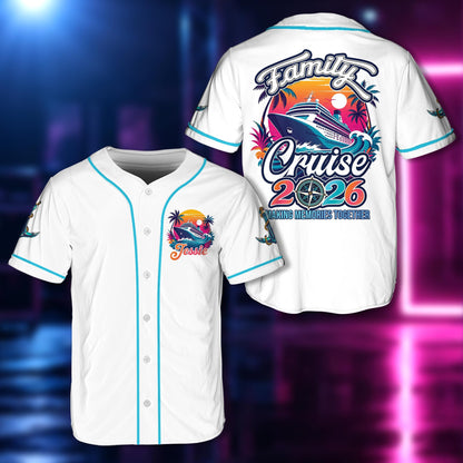 Front view of the white tropical baseball jersey featuring sunset graphic on the chest