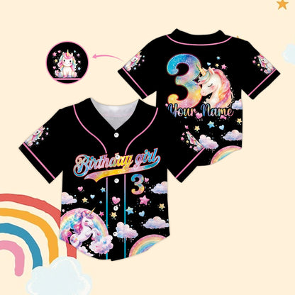 Front view of custom baseball jersey with watercolor unicorns in black
