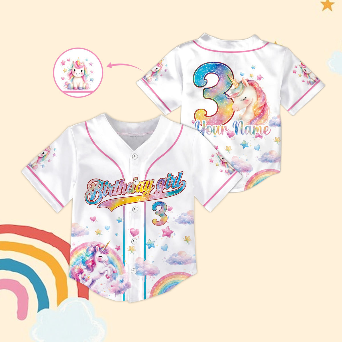 Front view of personalized unicorn birthday baseball jersey in white with custom name and number