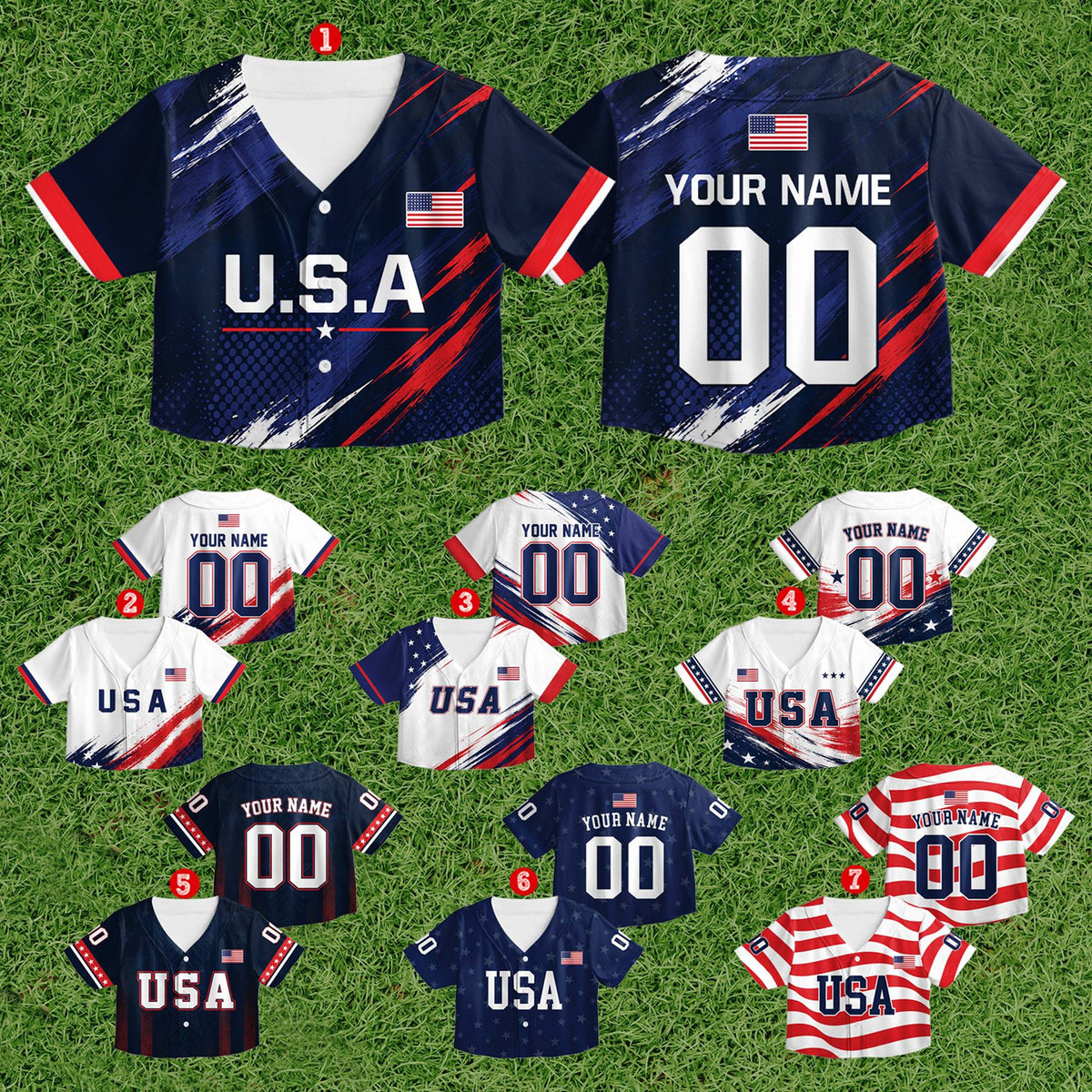 Angle view of the navy, red, and white fourth of july baseball jersey