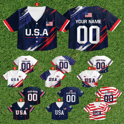 Angle view of the navy, red, and white fourth of july baseball jersey