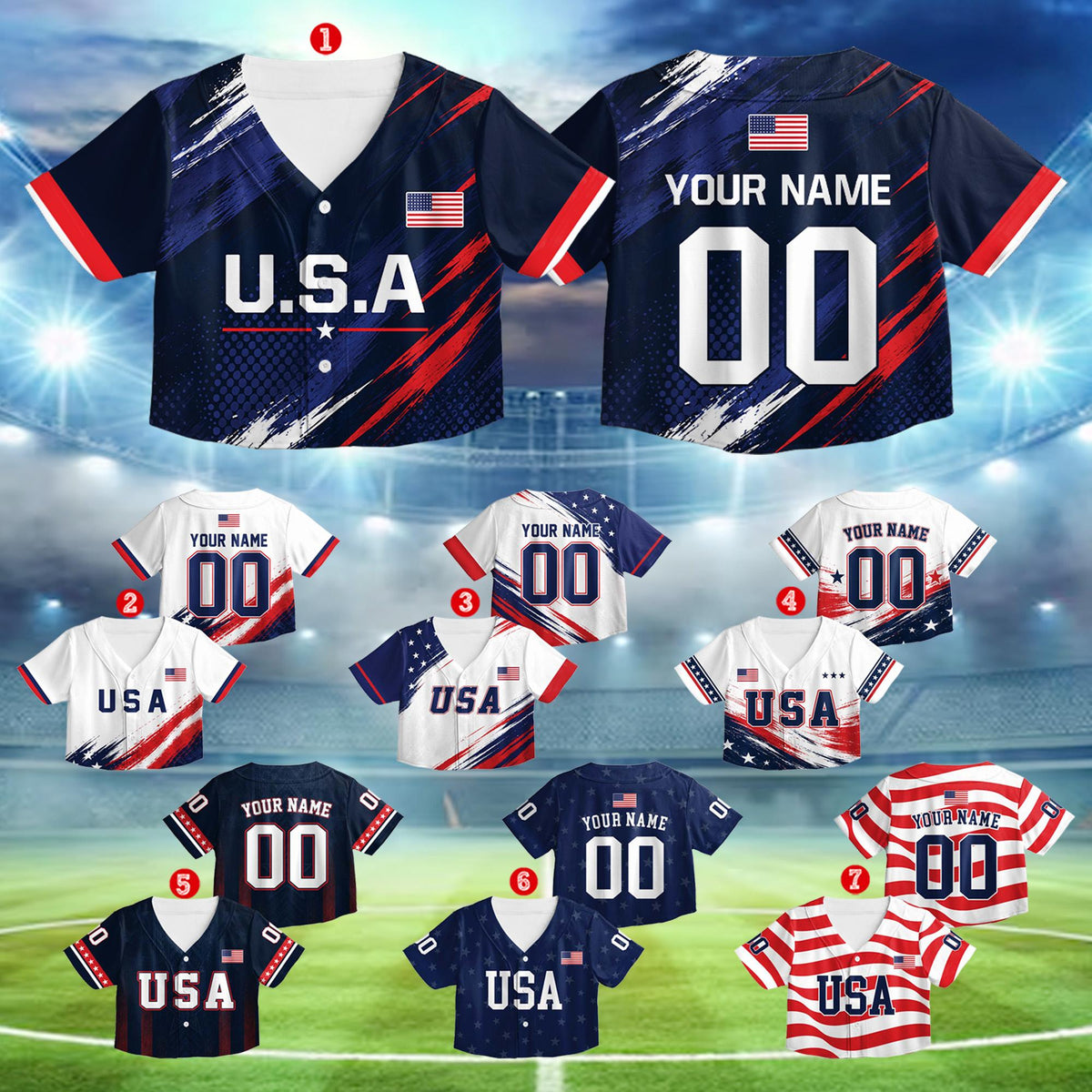 Personalized fourth of july baseball jersey in navy with abstract USA design, main view