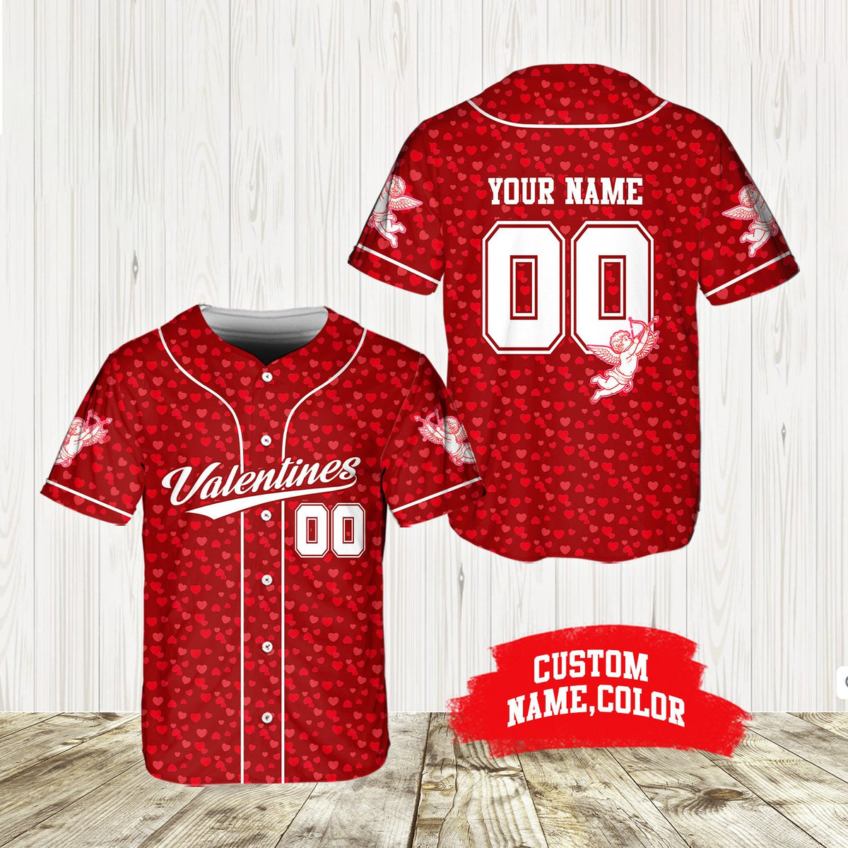 Close-up front view of custom baseball jersey with script text