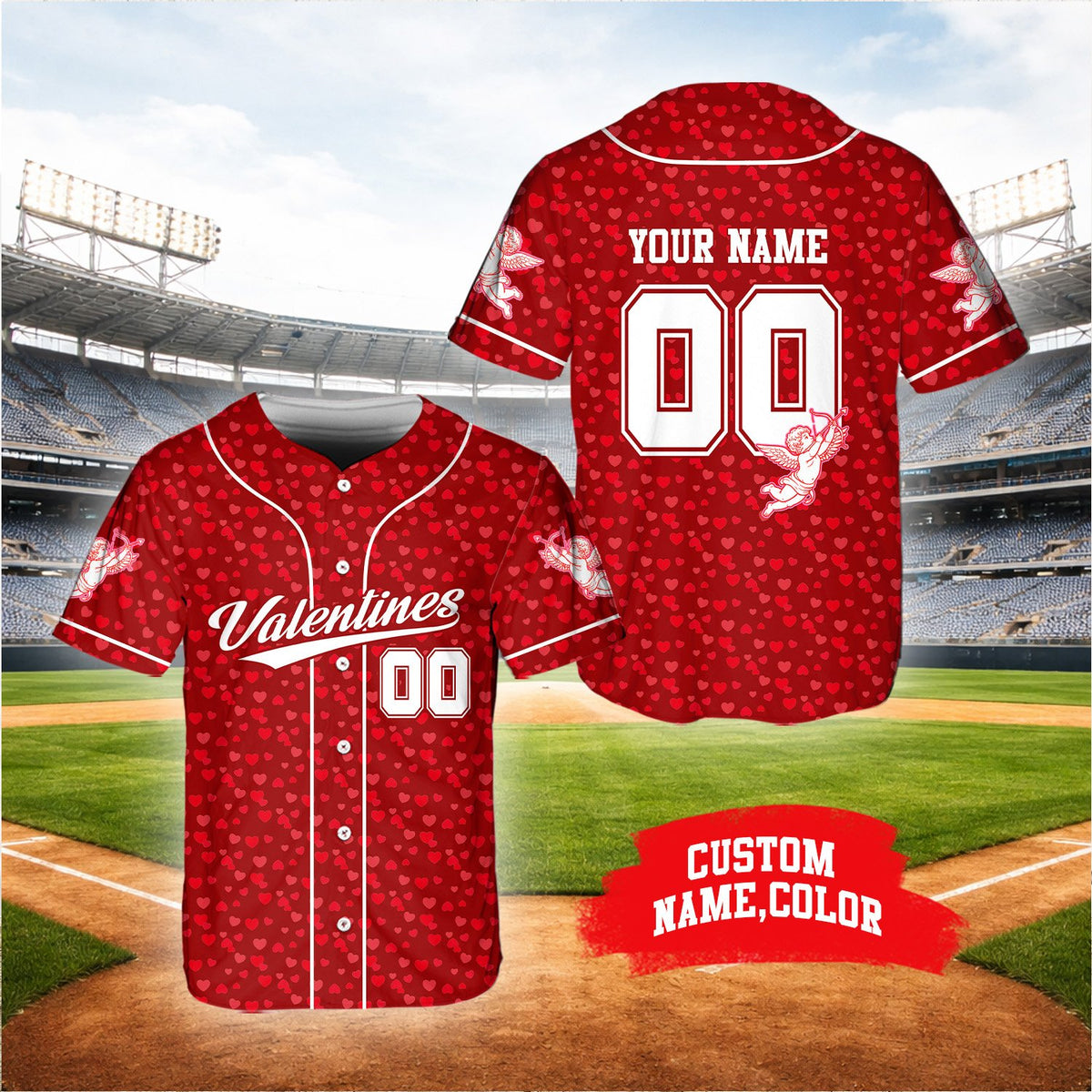 Detailed view of the red valentine baseball jersey fabric