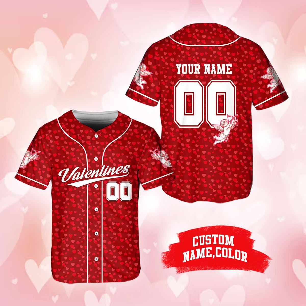 Additional front angle of the heart print baseball jersey