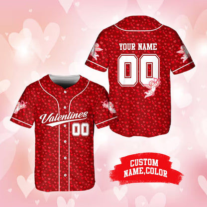 Additional front angle of the heart print baseball jersey
