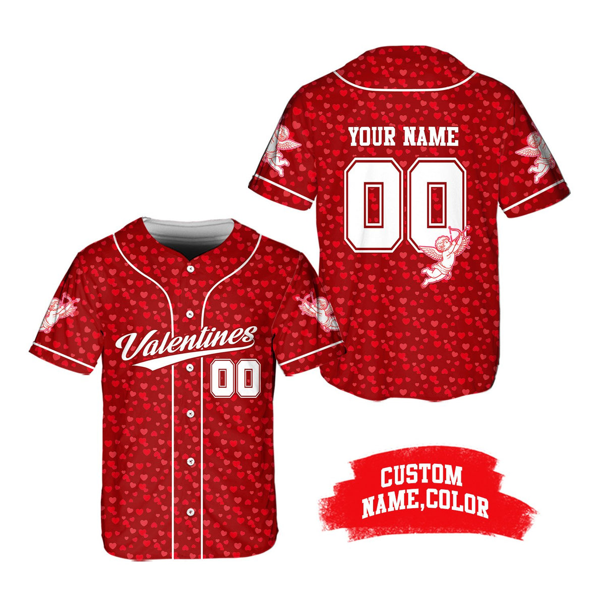 Red valentine's day baseball jersey with custom name and number, main view
