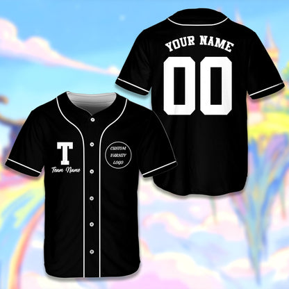 Personalized solid baseball jersey in black, front view