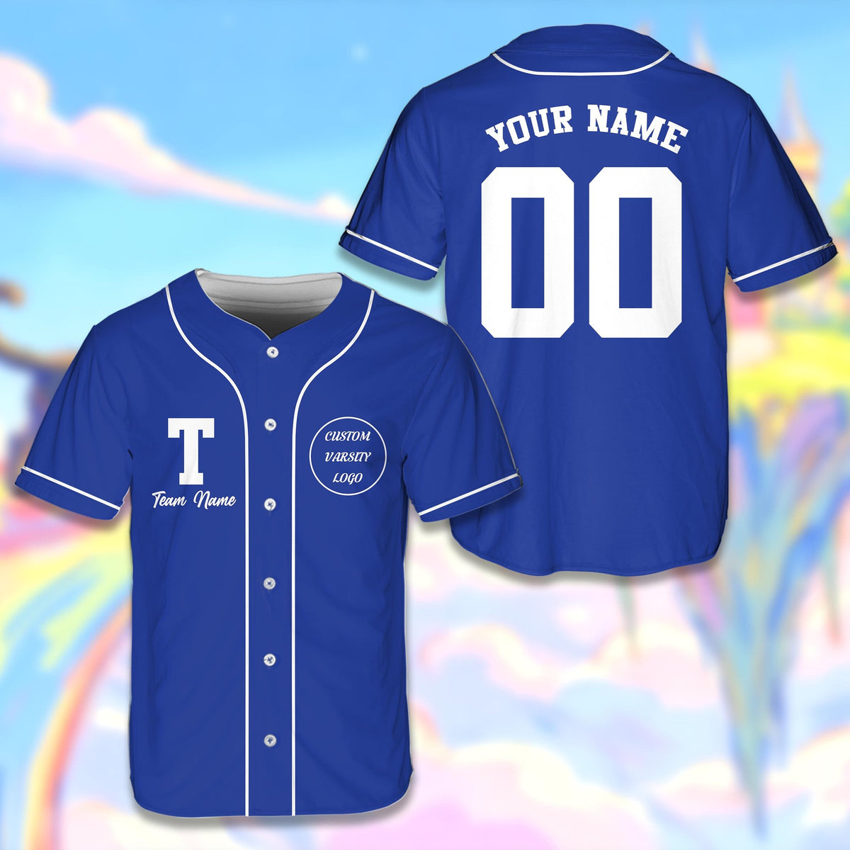 Personalized solid baseball jersey in blue, front view