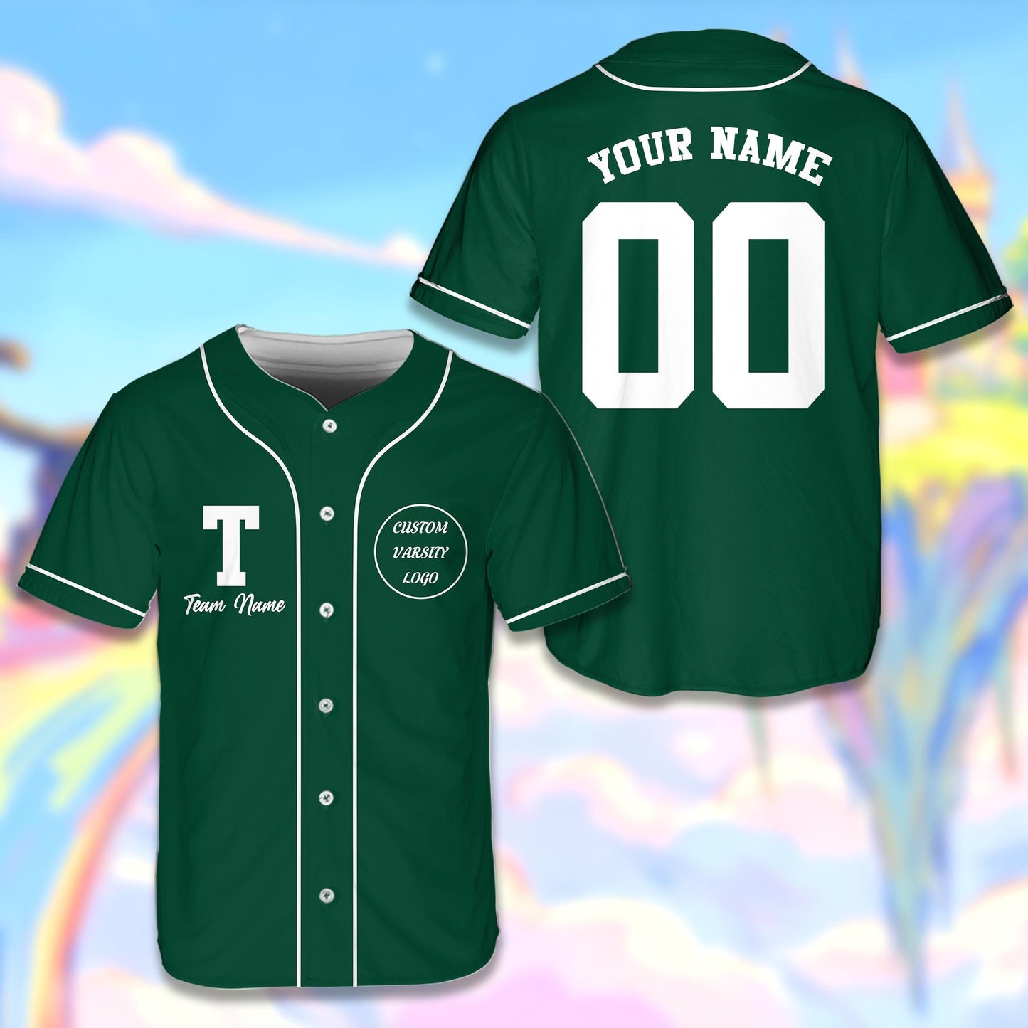 Personalized solid baseball jersey in green, front view