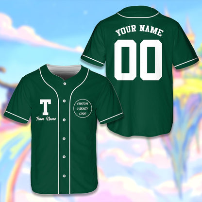 Personalized solid baseball jersey in green, front view
