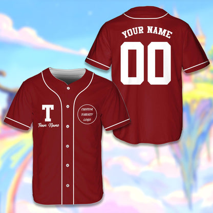 Personalized solid baseball jersey in maroon, front view