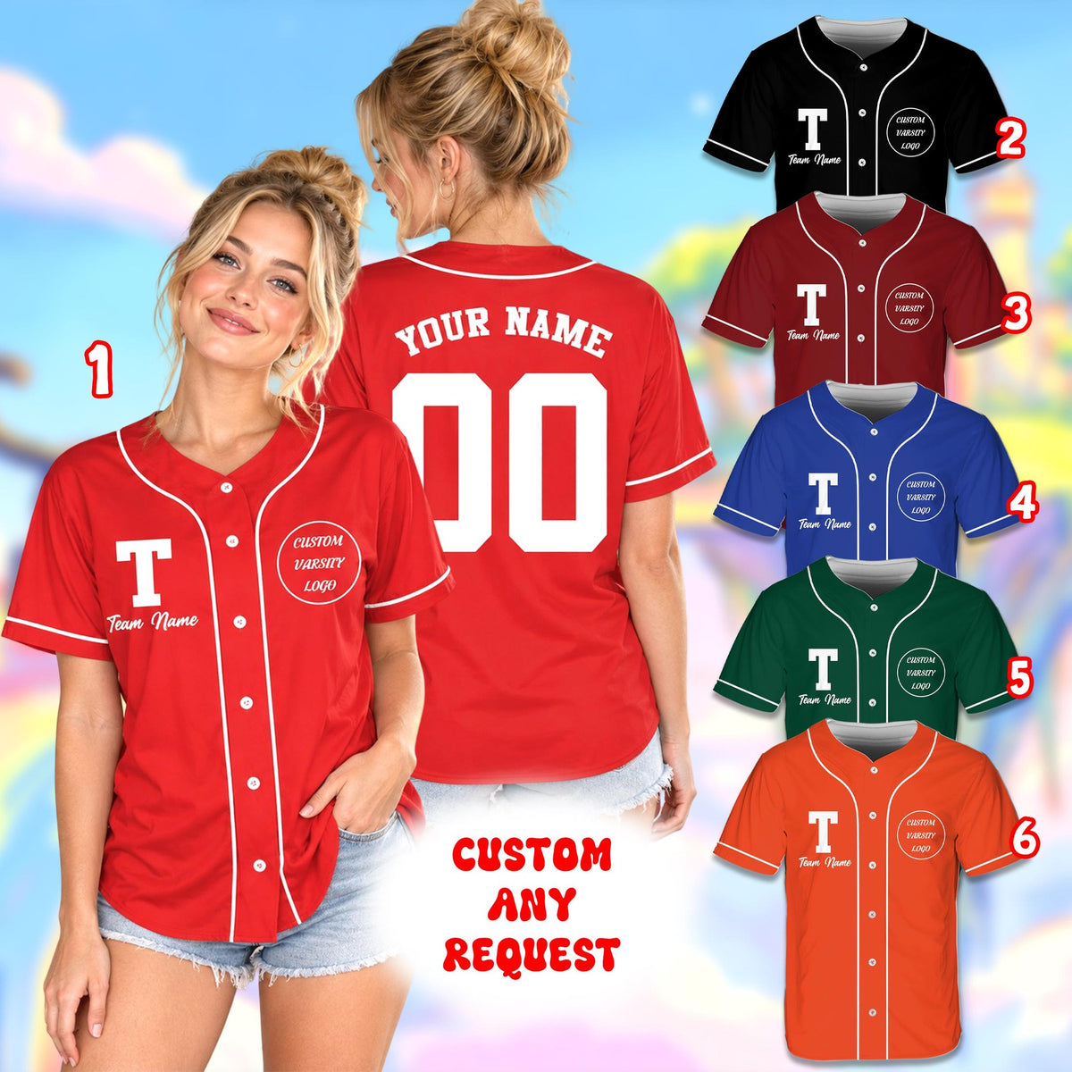 Multicolor view showing color options for the personalized solid baseball jersey