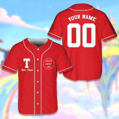 Personalized solid baseball jersey in red with custom name and number, main view