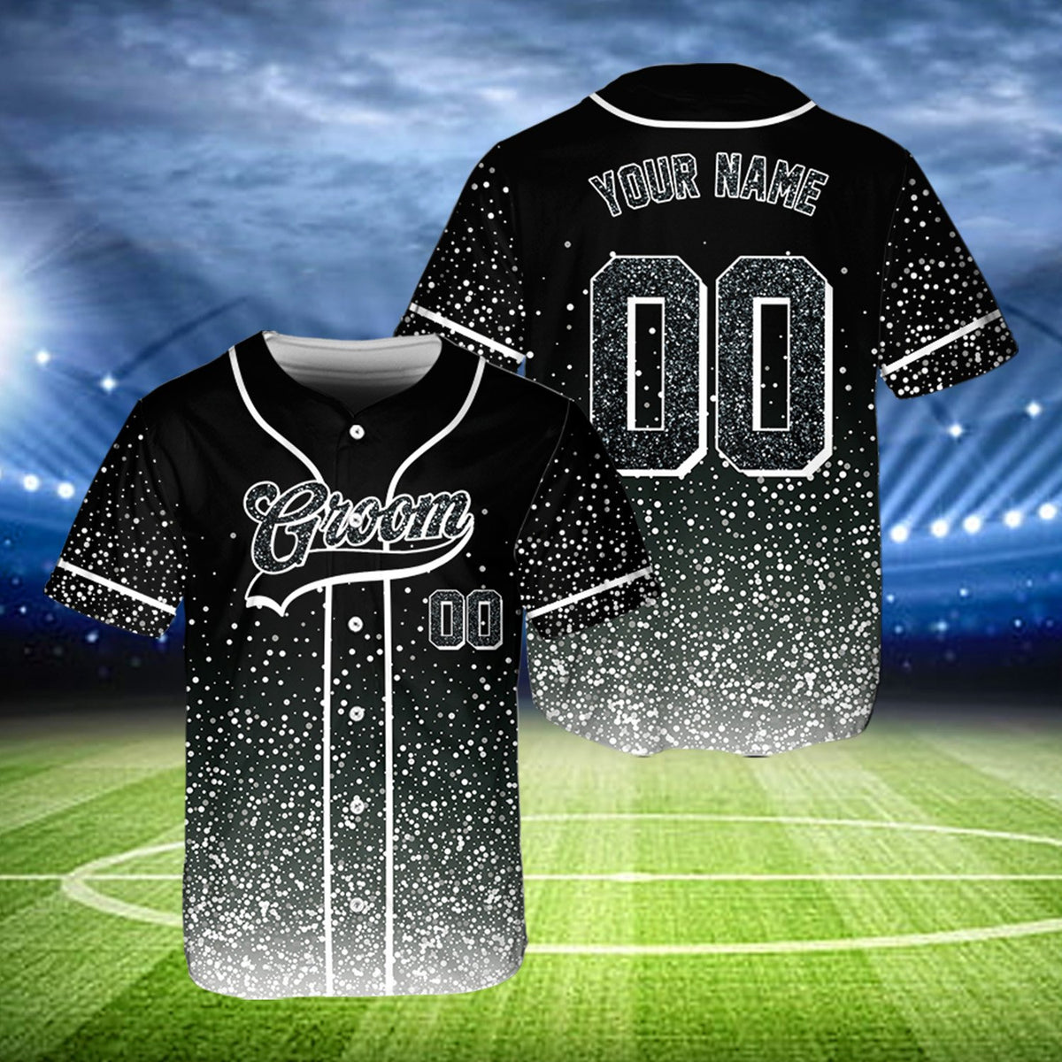 Black custom baseball jersey for groomsman, front view
