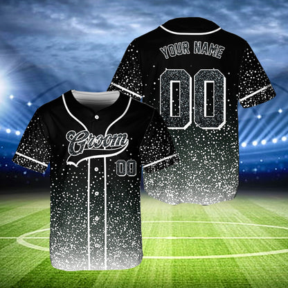 Black custom baseball jersey for groomsman, front view
