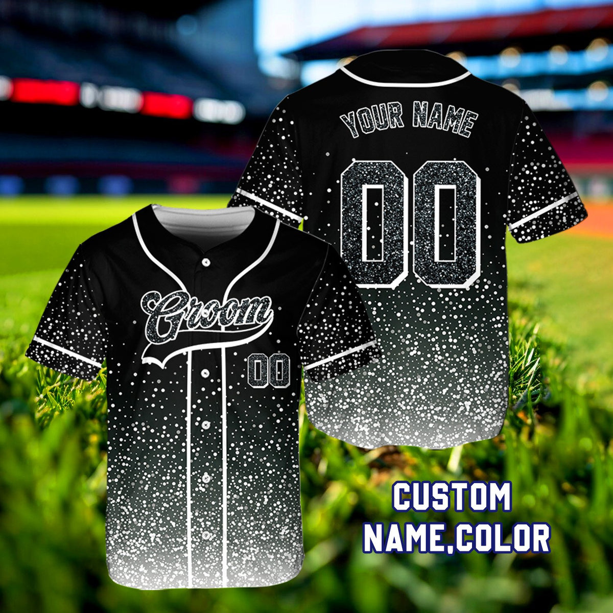 Black wedding groomsman baseball jersey personalized, front view