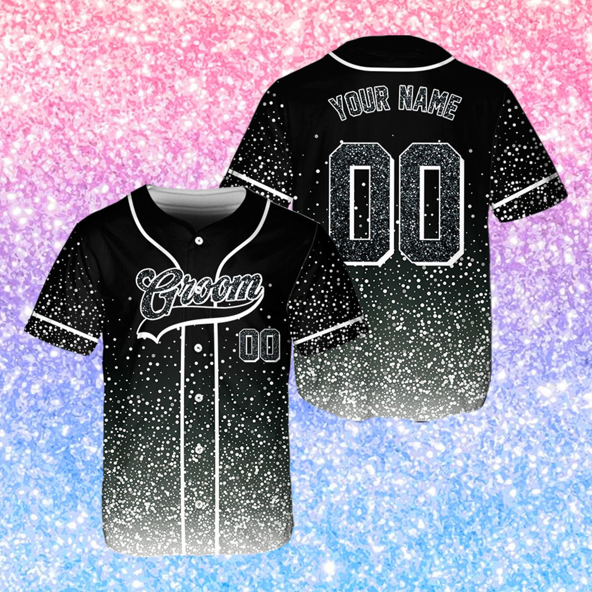 Personalized black baseball jersey for groomsman, front view
