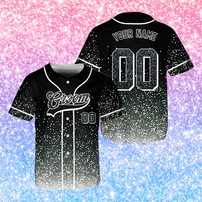 Personalized black baseball jersey for groomsman, front view