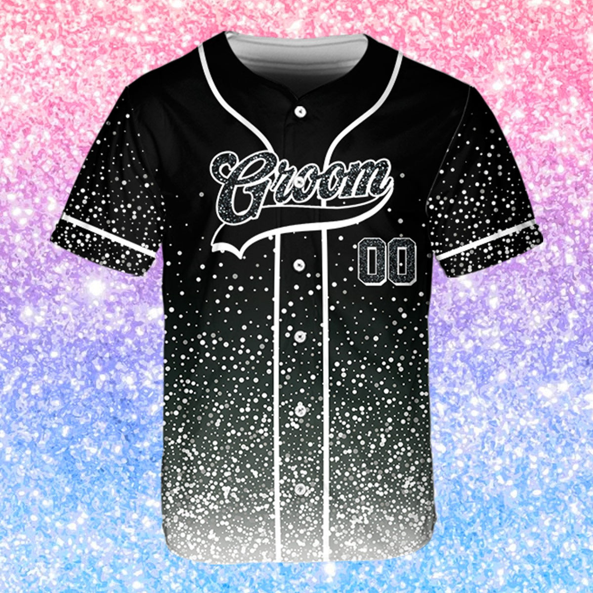 Groomsman baseball jersey in black with starry gradient, front view