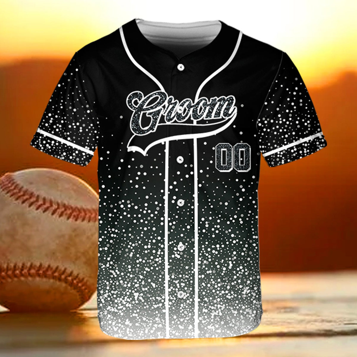 Front view of black wedding baseball jersey
