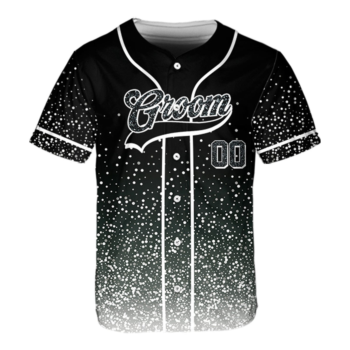 Black groomsman baseball jersey with glitter-style pattern, front view