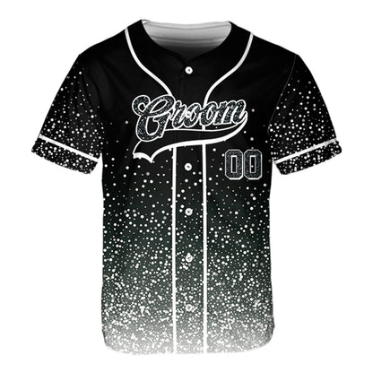 Black groomsman baseball jersey with glitter-style pattern, front view