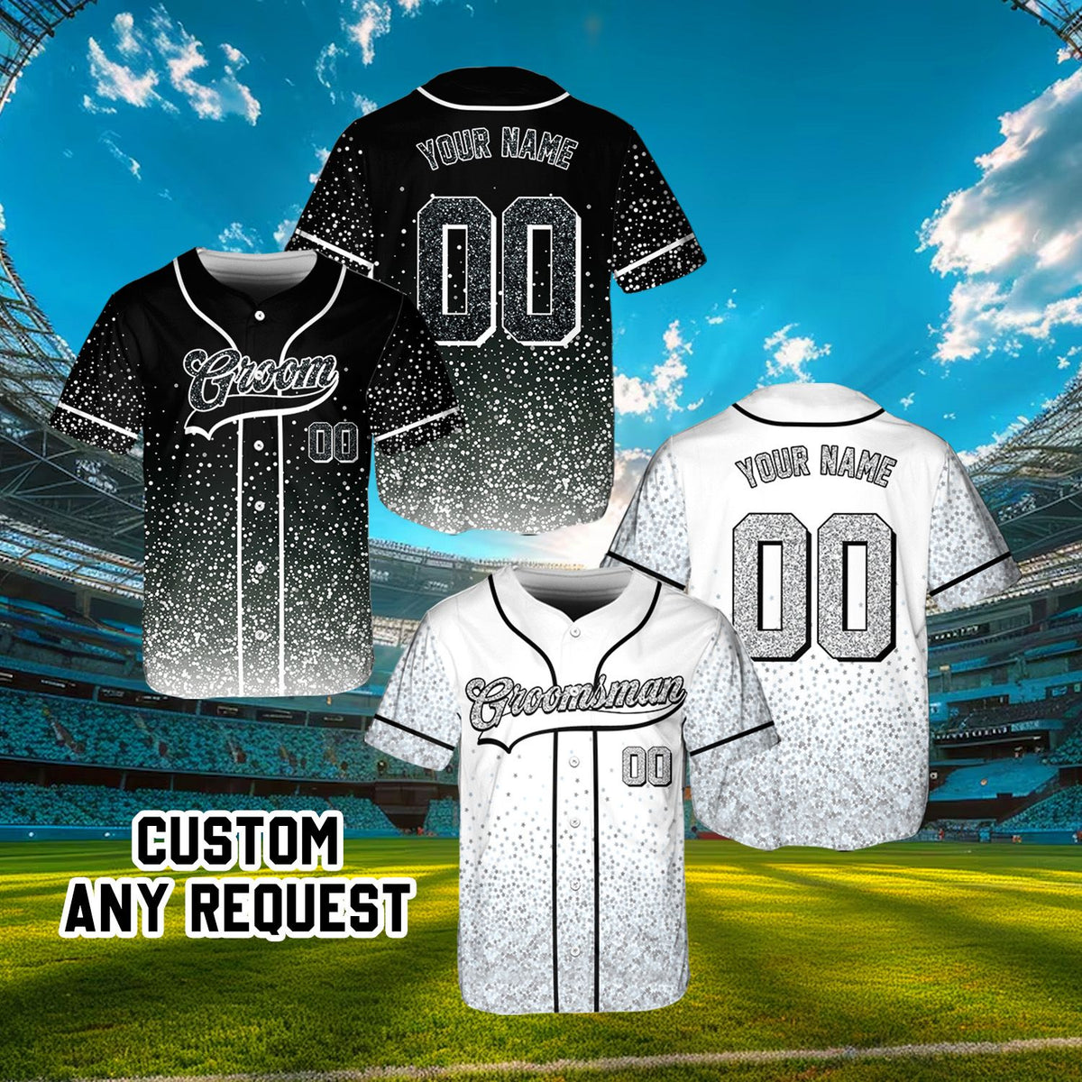 Front view of personalized wedding baseball jersey in multicolor gradient