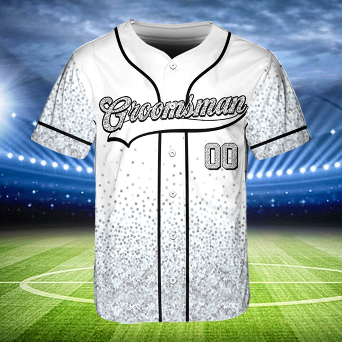 Front view of white groomsman baseball jersey with custom name and number