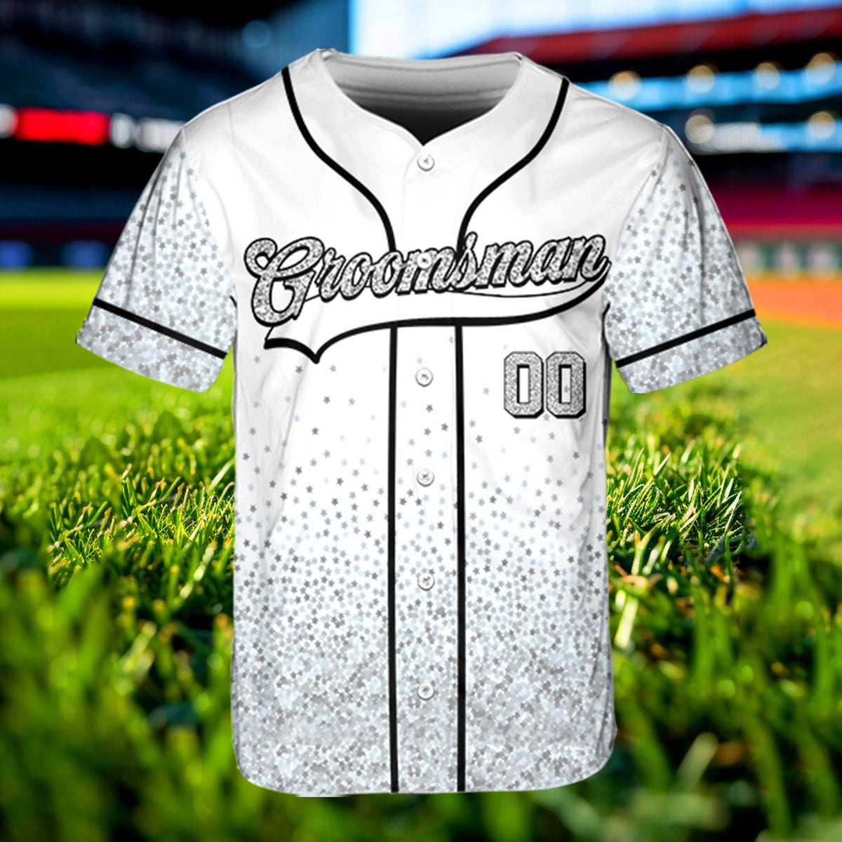 Custom wedding/groomsman baseball jersey in white with starry gradient, main view