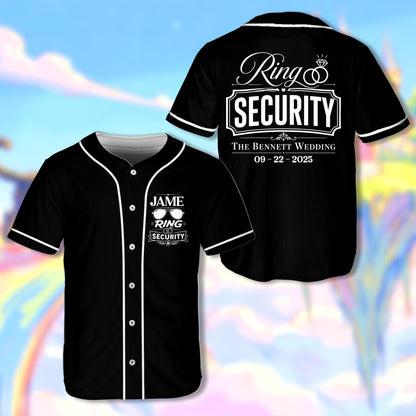 Black personalized baseball jersey with wedding ring security design on back