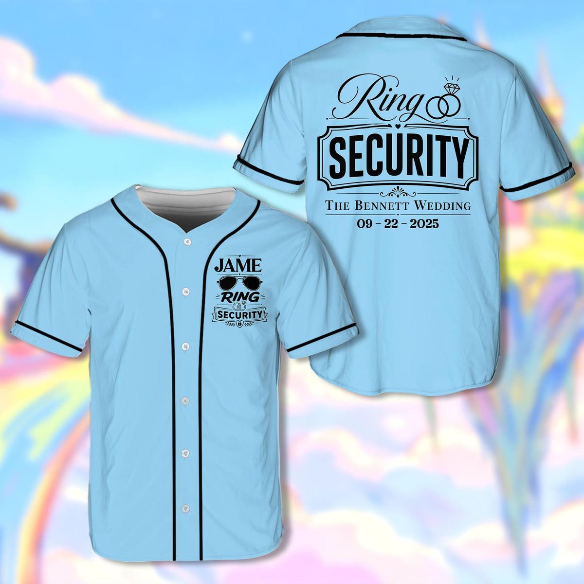 Personalized wedding ring security baseball jersey in light blue, front view