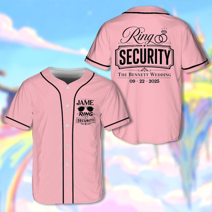 Pink personalized wedding ring security baseball jersey, front view
