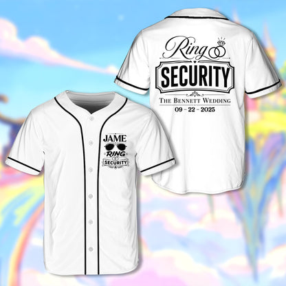 White custom wedding ring security baseball jersey, front view