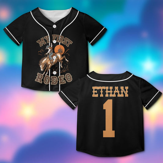 Personalized black western baseball jersey with rodeo design and custom name and number, main view